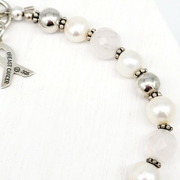 Freshwater Pearl & Faceted Quartz Beaded Bracelet Sterling Clasp & Charm 7 Inch - Picture 4 of 6